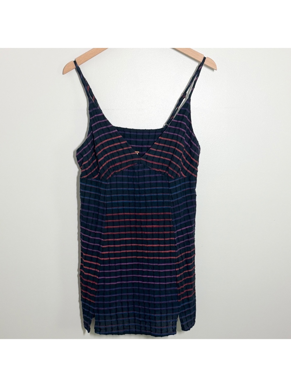 Free People Textured Striped Mini Dress Large Navy Purple Orange Boho Festival